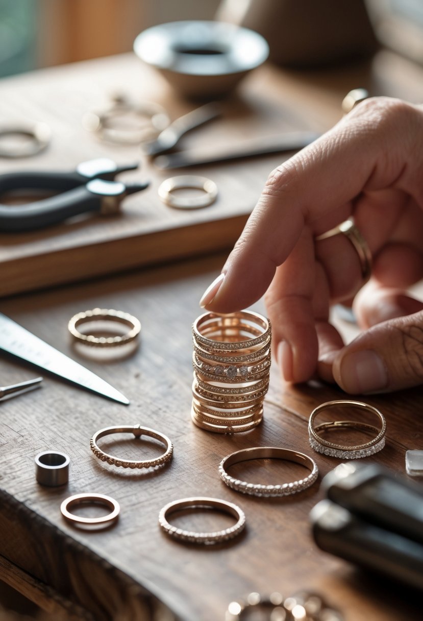 Close-up of hands working on transforming old wedding rings into stackable midi rings with jewelry tools on a wooden table.