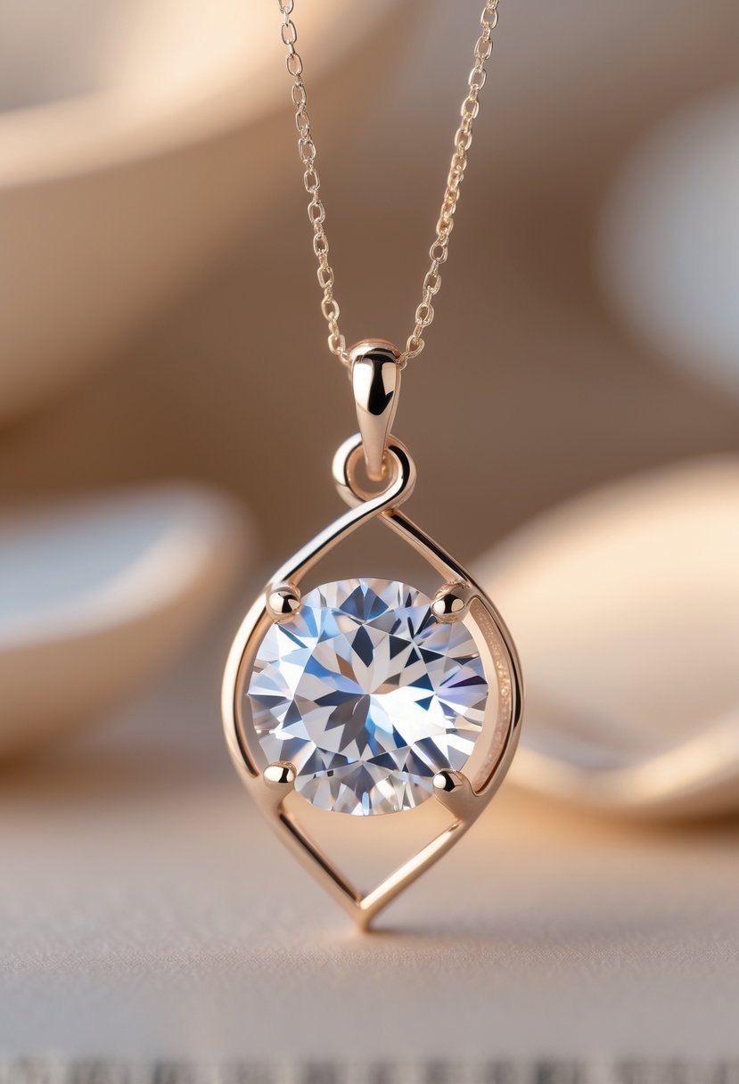 Close-up of a pendant necklace with a sparkling gemstone repurposed from an old wedding ring on a blurred neutral background.