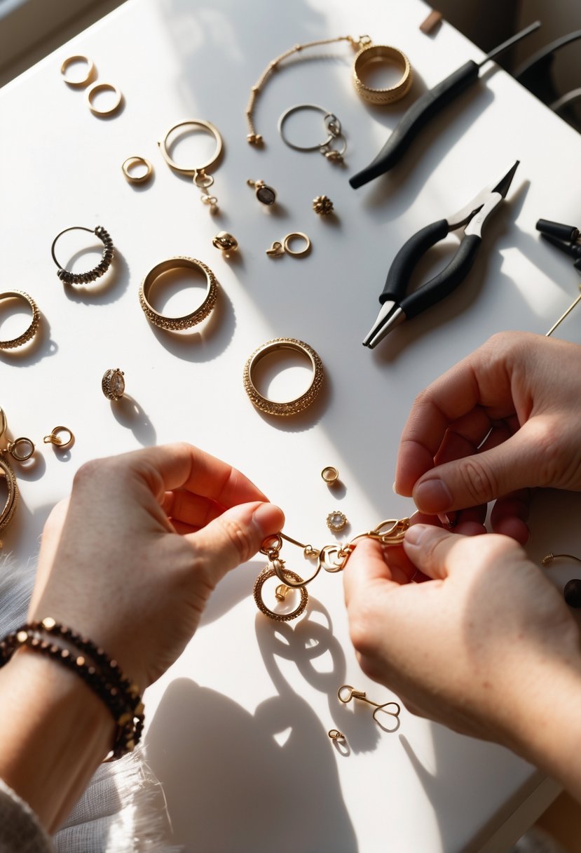 Hands assembling a custom charm bracelet made from old wedding ring cutouts with tools on a wooden table.