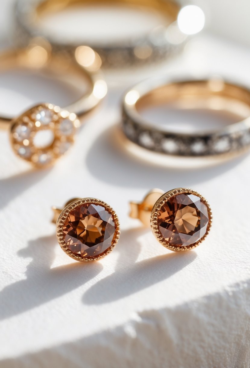 Close-up of simple gemstone stud earrings displayed with old wedding rings in the background.