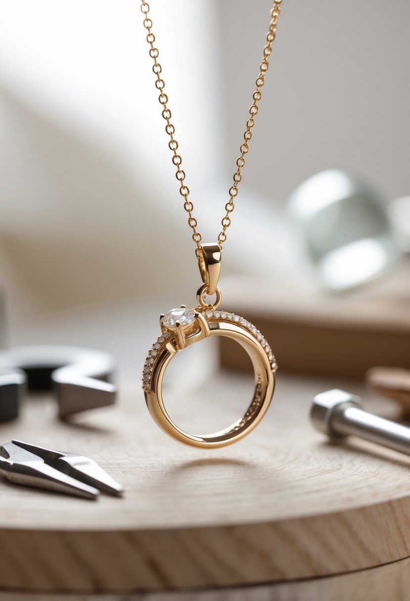 A pendant necklace with an old wedding ring as the centerpiece displayed on a wooden surface with jewelry-making tools nearby.