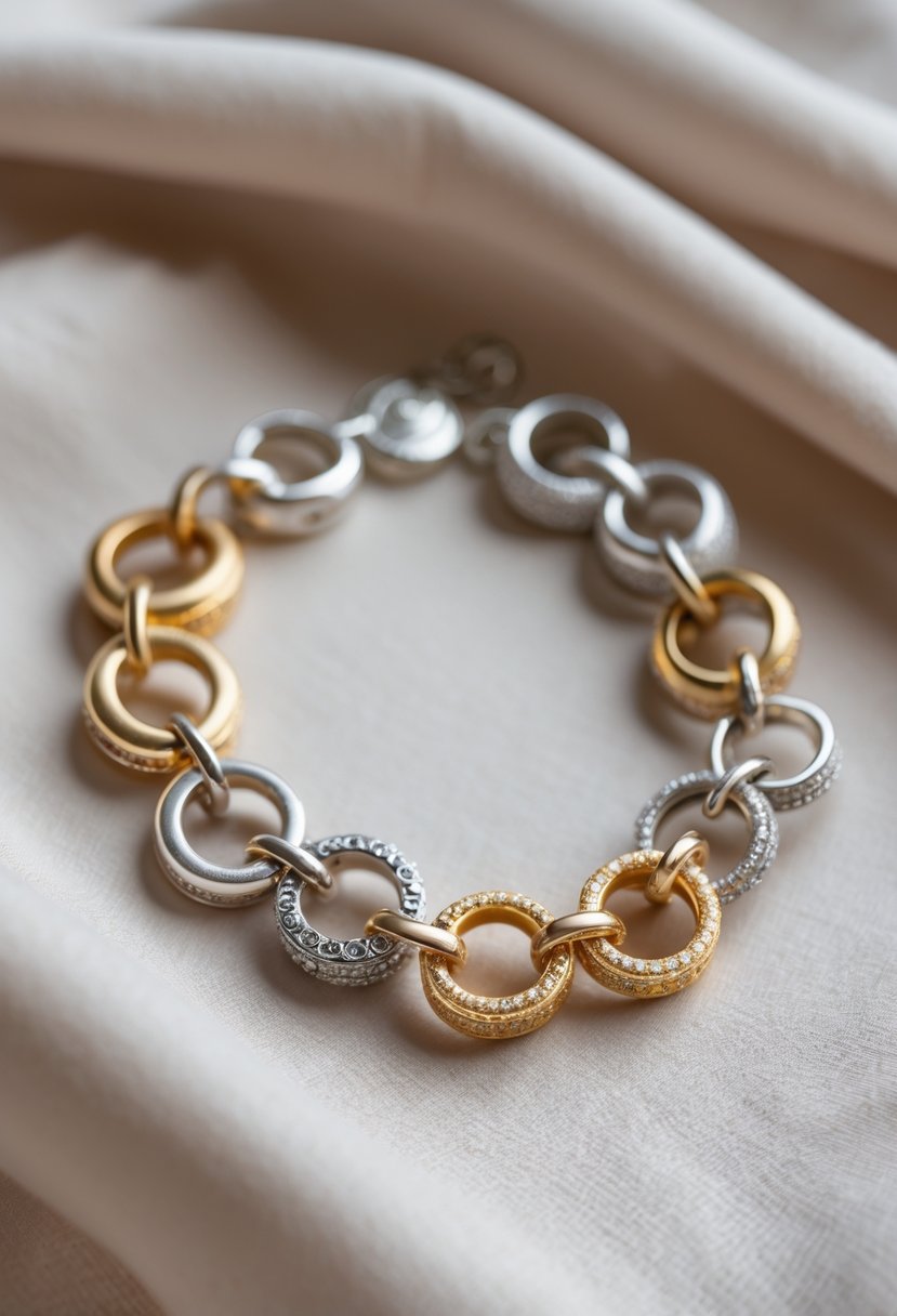 Close-up of a charm bracelet made from old wedding rings displayed on a soft fabric background.