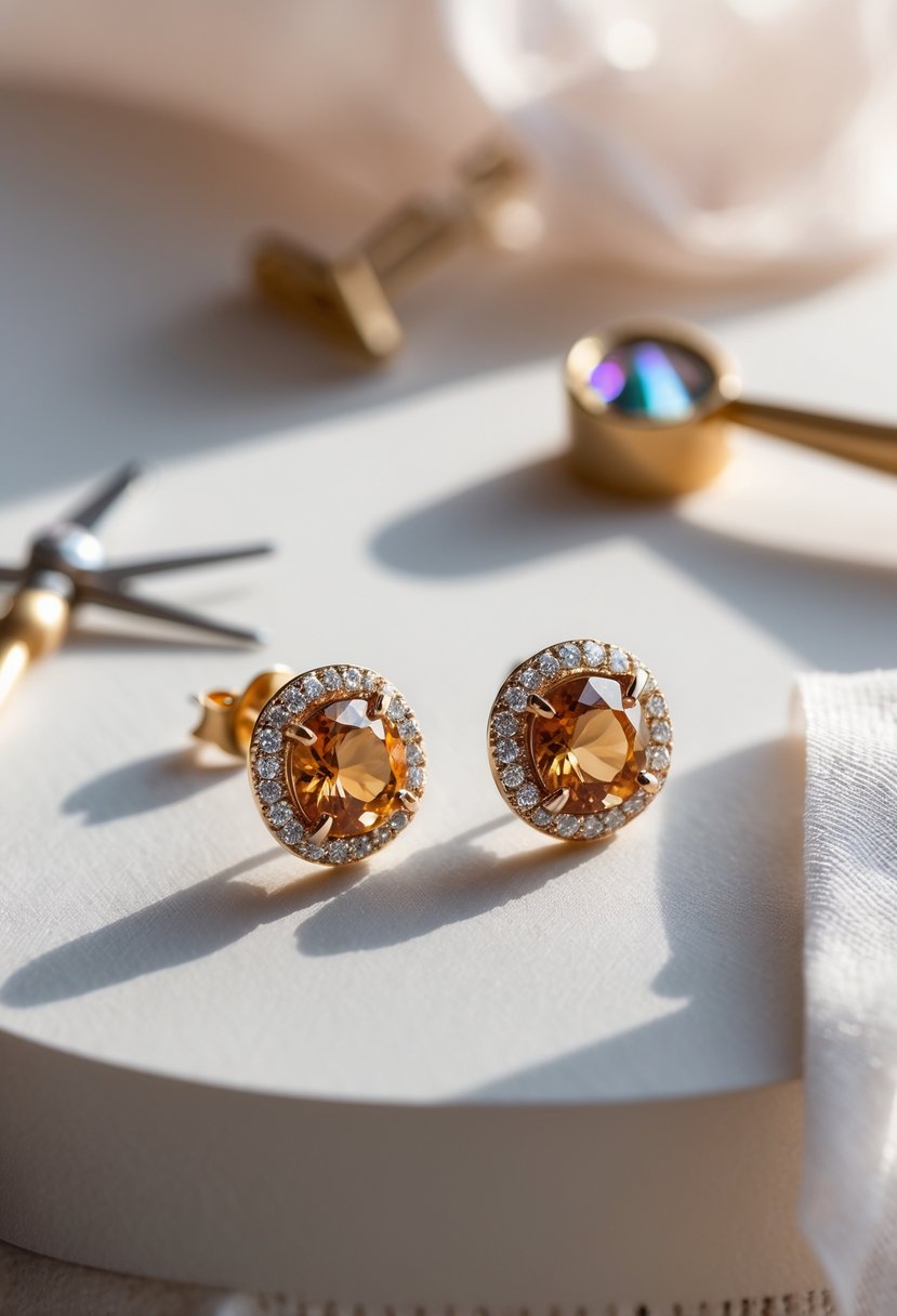 A pair of gemstone stud earrings made from old wedding rings displayed on a neutral surface with jewelry-making tools nearby.