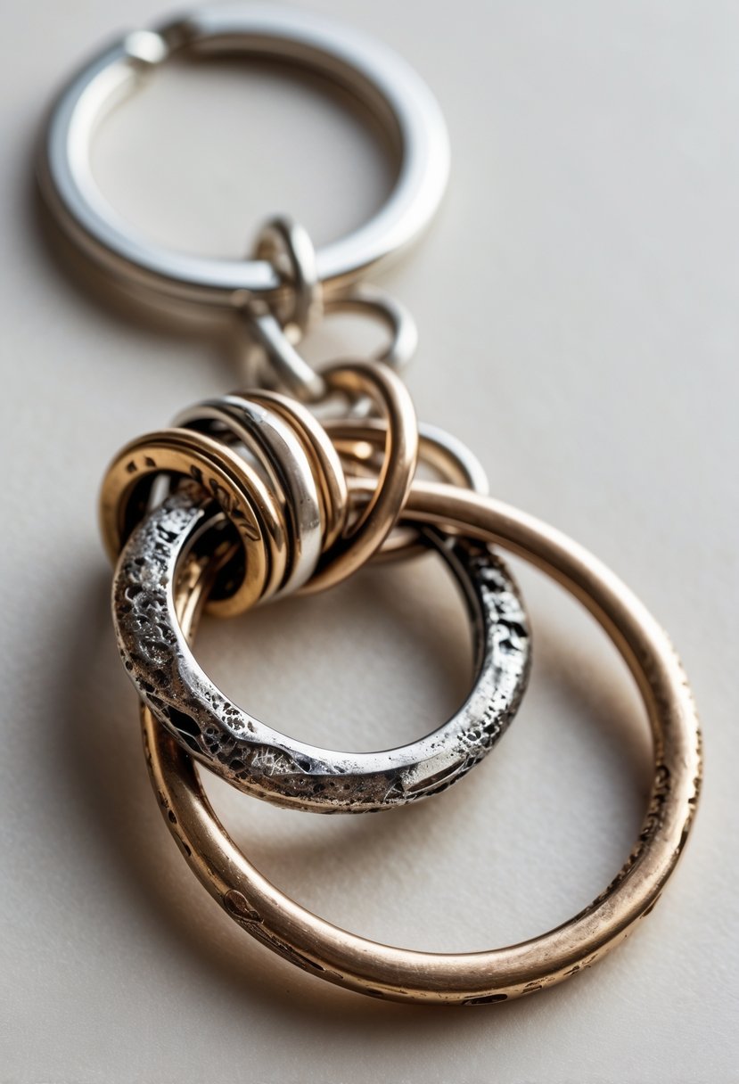 Close-up of a keychain made from several old wedding rings linked together on a plain background.