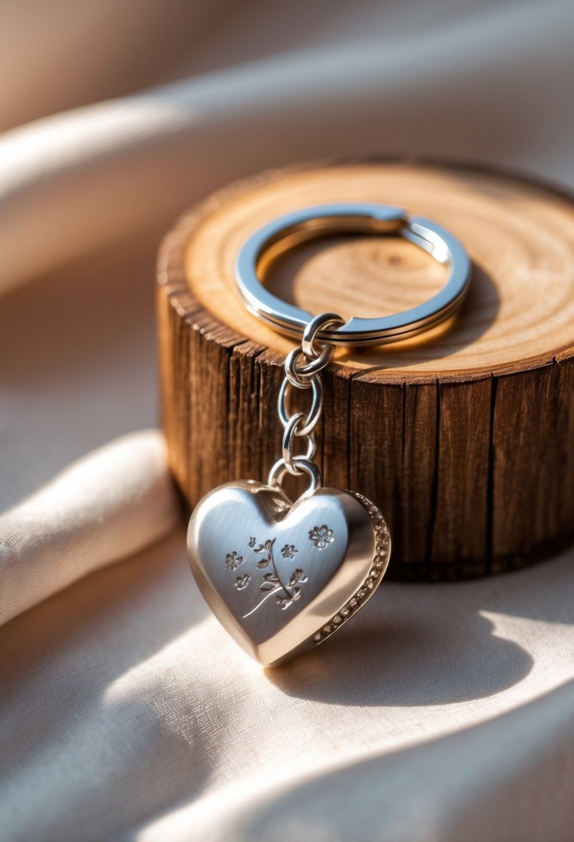 A close-up of a keychain with a heart-shaped charm made from an old wedding ring on a wooden surface.