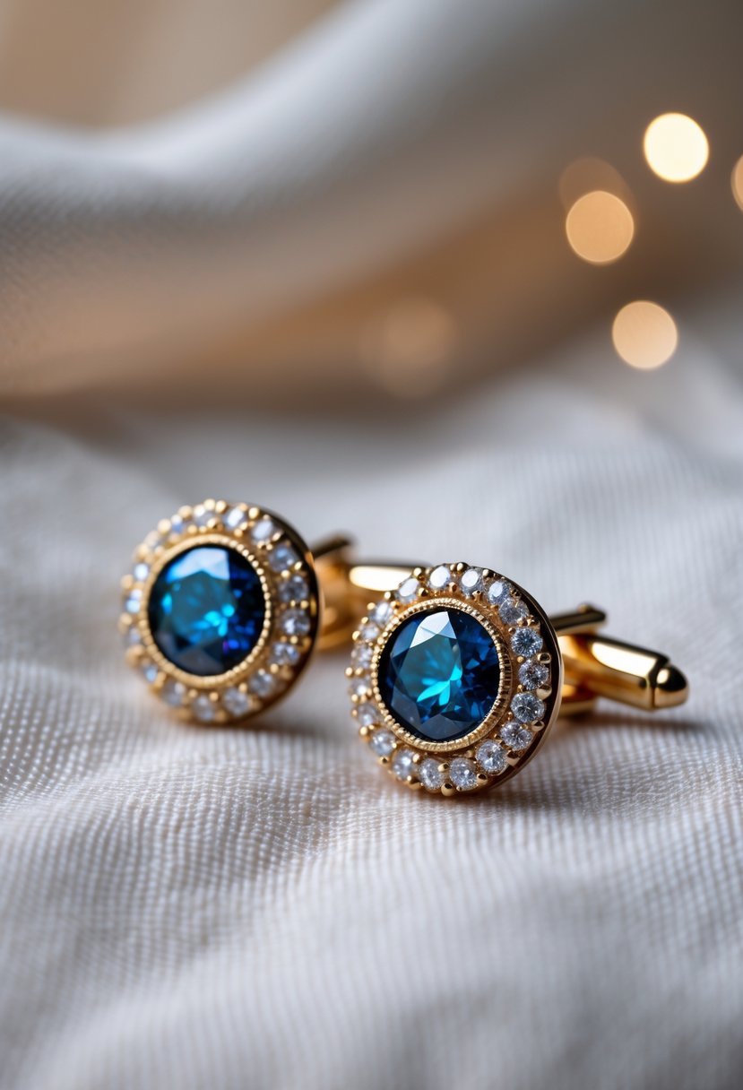 Close-up of a pair of cufflinks made from old wedding rings with sparkling stones, displayed on a soft fabric surface.