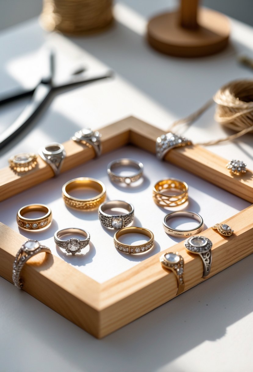 A wooden photo frame decorated with old wedding rings arranged around its edges on a light surface with crafting tools blurred in the background.