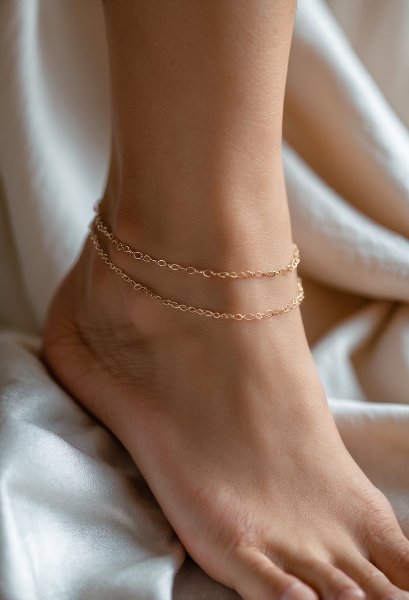 Close-up of a delicate chain link anklet worn around an ankle.