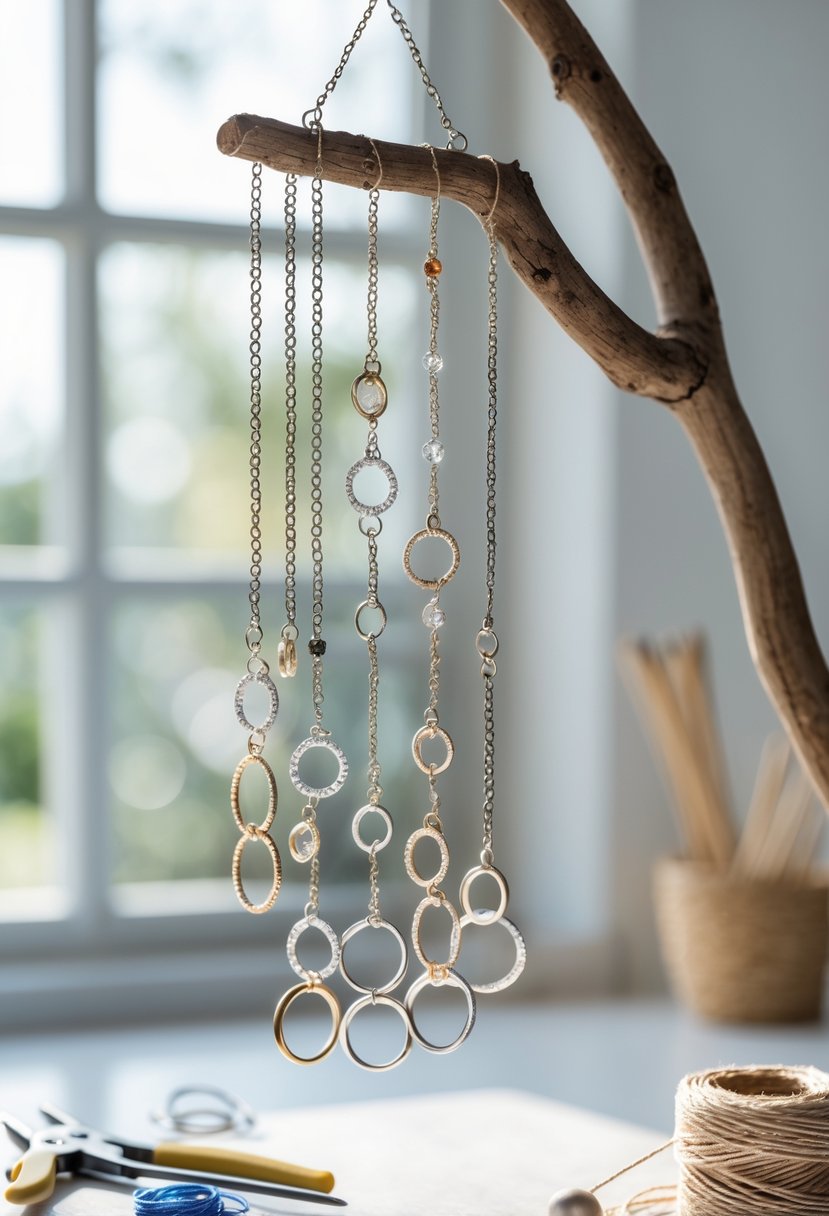 A decorative wind chime made from linked old wedding rings hanging from a wooden branch in a bright craft space.