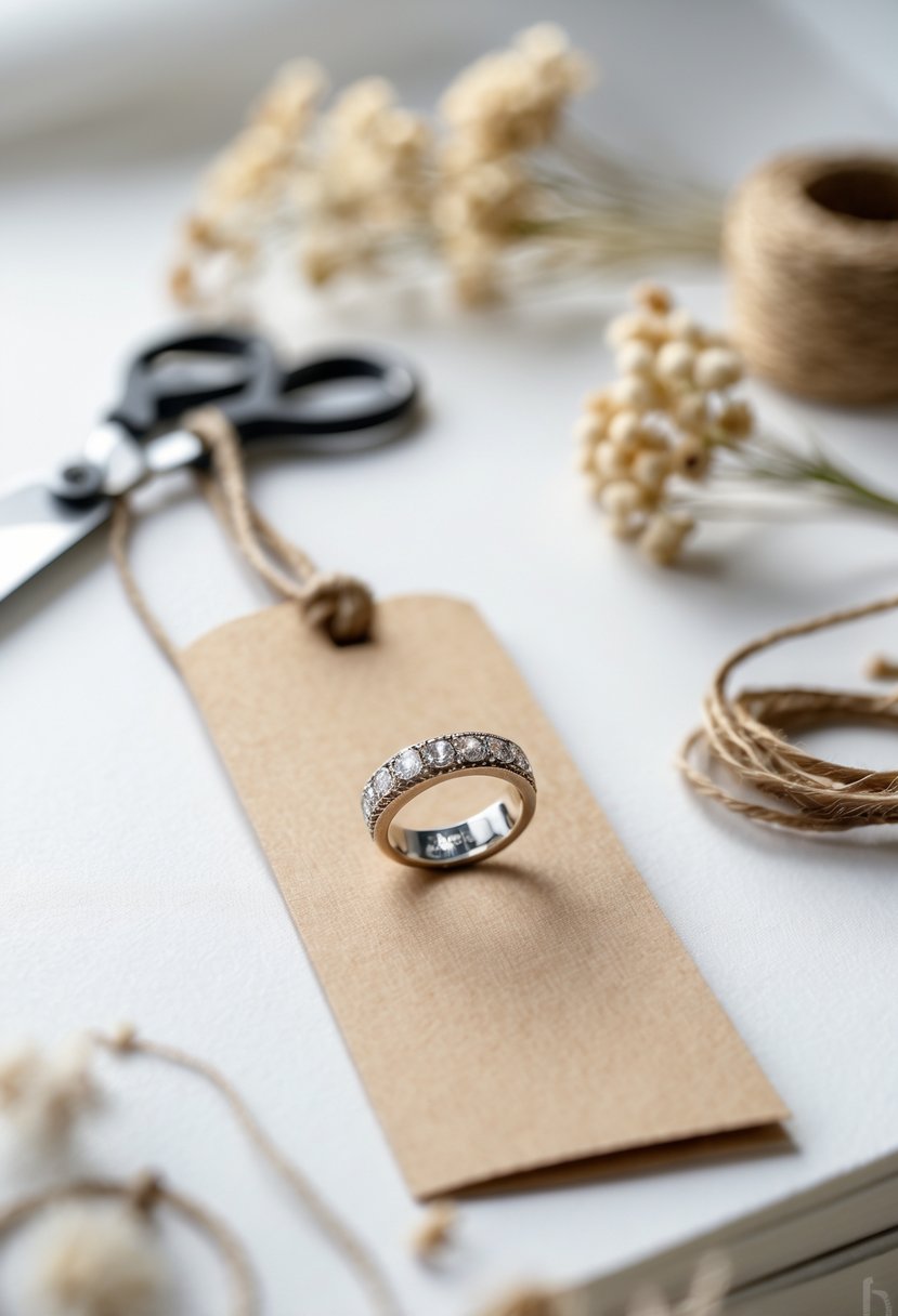 A handmade bookmark with an old wedding ring attached as a handle, placed on a wooden surface with craft supplies in the background.