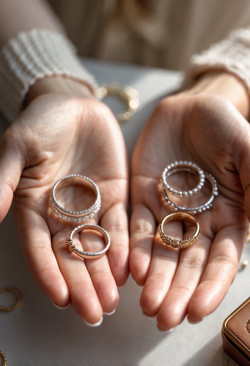 Close-up of hands holding adjustable midi rings made from old wedding rings over a neutral background.