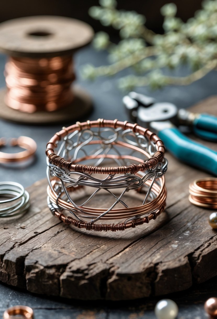 Close-up of a wire-wrapped ring holder made from old wedding rings on a wooden surface surrounded by crafting tools.