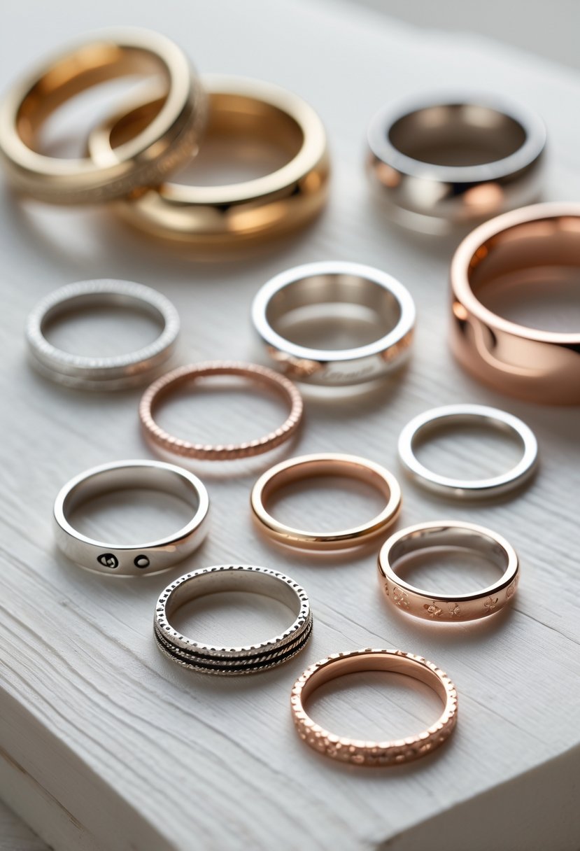 Close-up of several thumb rings made from old wedding bands arranged on a wooden surface with vintage rings blurred in the background.