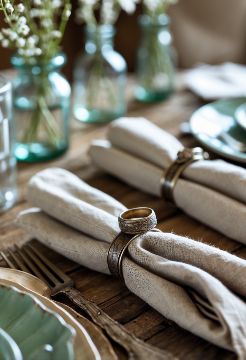 A dining table with napkins held by old wedding rings used as napkin holders, surrounded by small flowers and greenery.