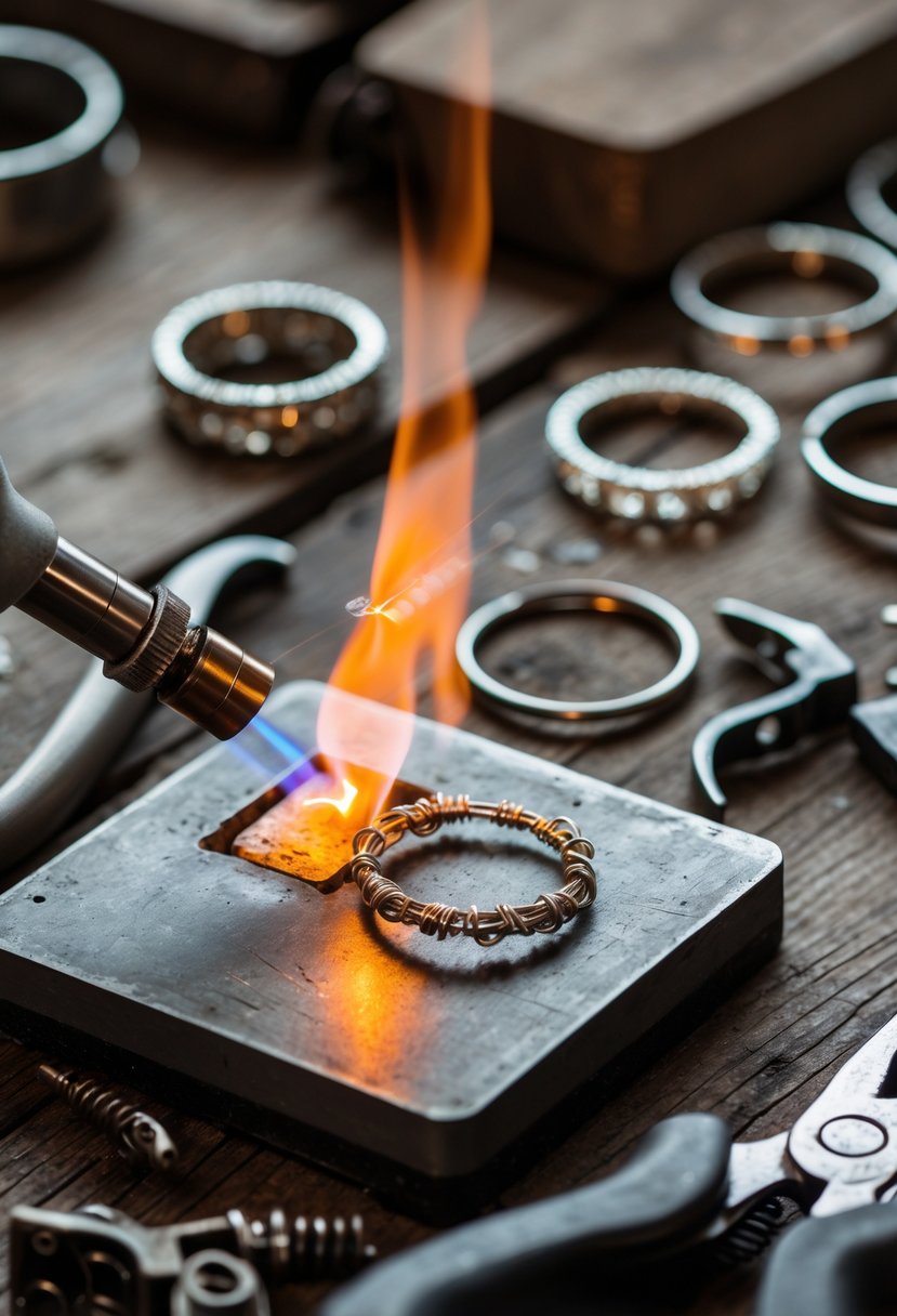 Close-up of a jeweler melting metal wire with a torch on a wooden workbench surrounded by tools and old wedding rings.