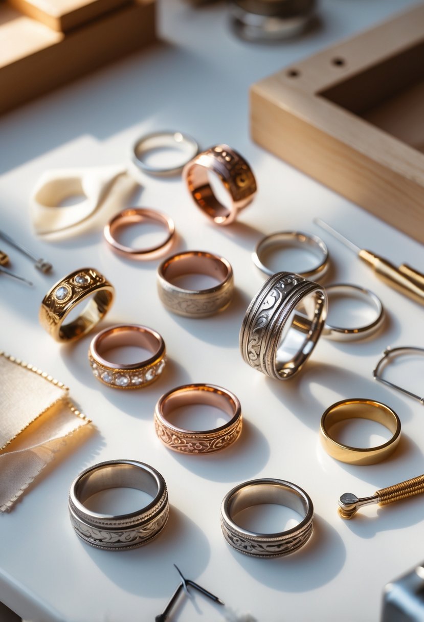 A collection of old wedding rings displayed with jewelry tools on a white surface.