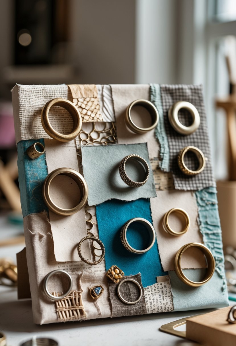 A mixed media art canvas with old wedding rings embedded in the design, surrounded by crafting materials on a workspace.