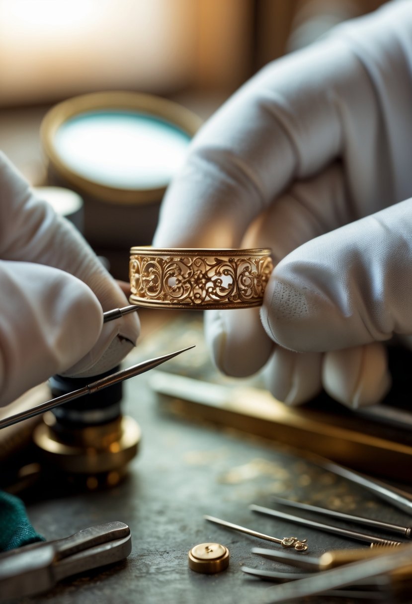 Close-up of a hand holding an old wedding ring with detailed filigree engraving being added, surrounded by jewelry tools.