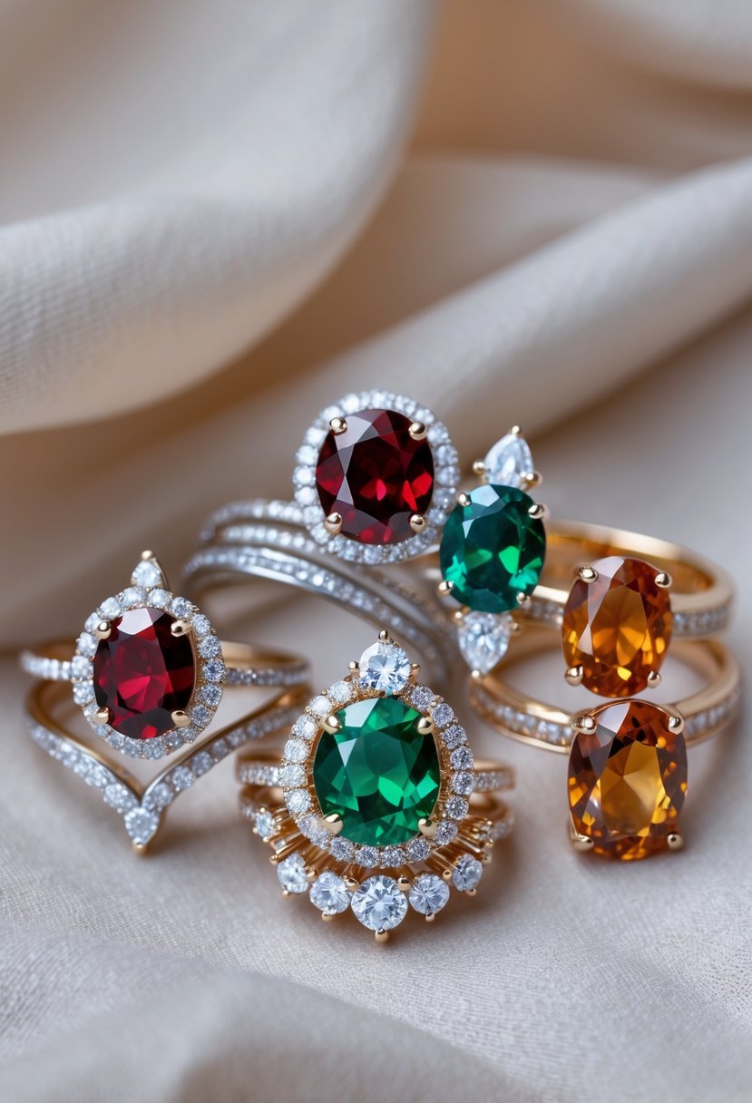 Close-up of wedding rings featuring diamonds and colorful birthstones arranged on a soft fabric background.