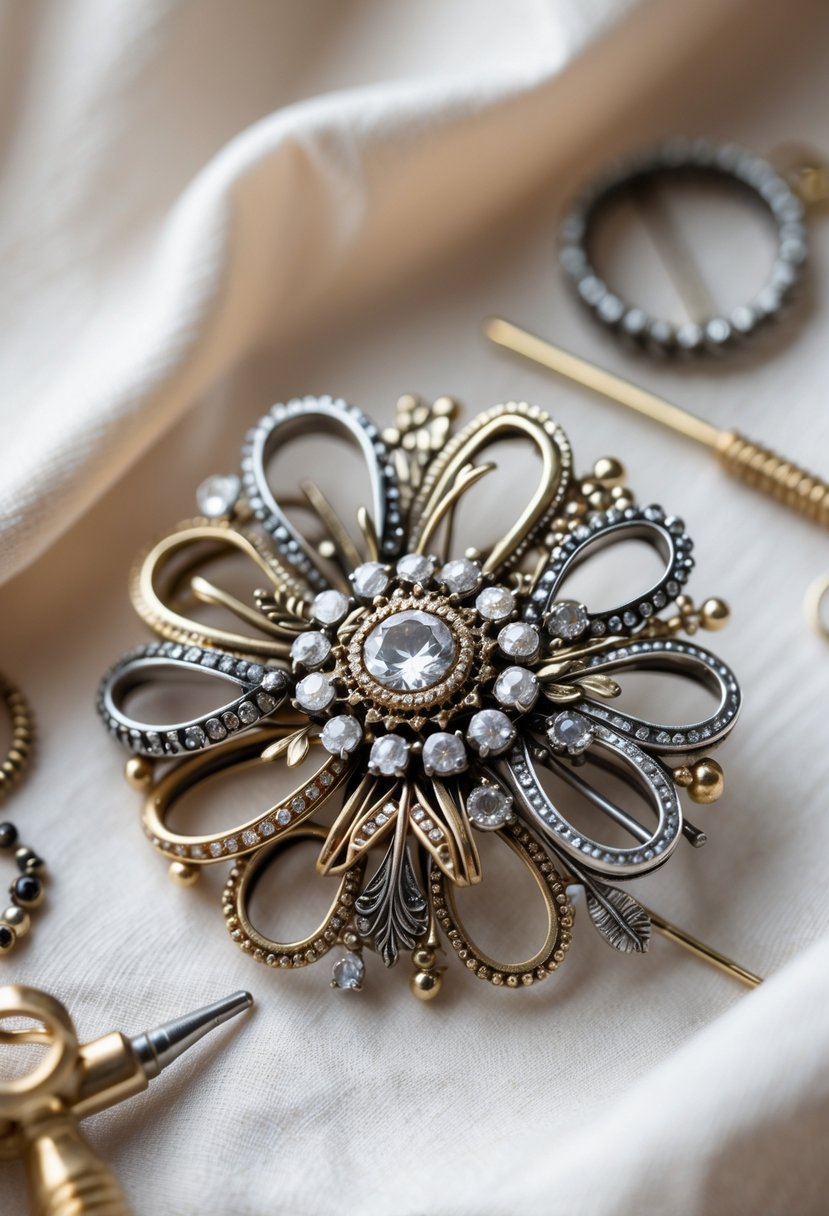 Close-up of old wedding rings transformed into a decorative brooch pin placed on fabric with crafting tools nearby.