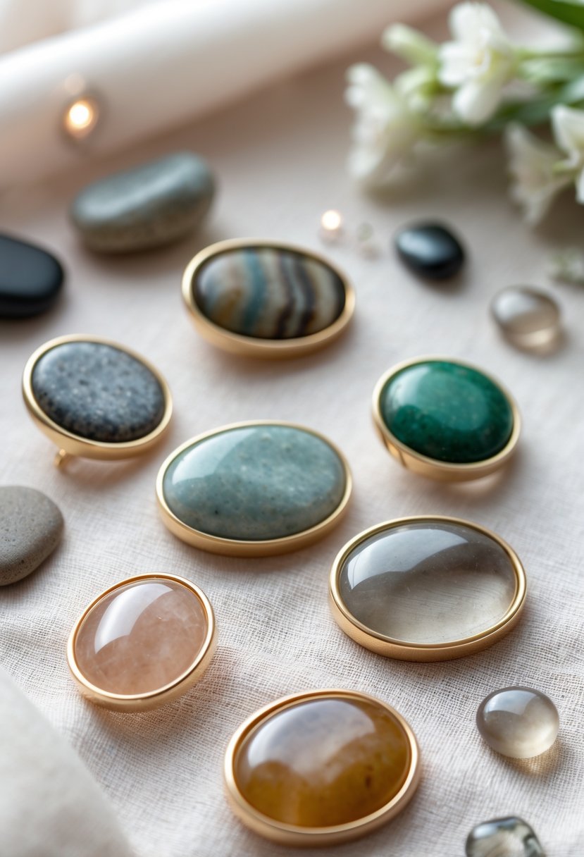 Close-up of old wedding rings decorated with polished stones as pins or brooches arranged on fabric with some stones and jewelry tools nearby.