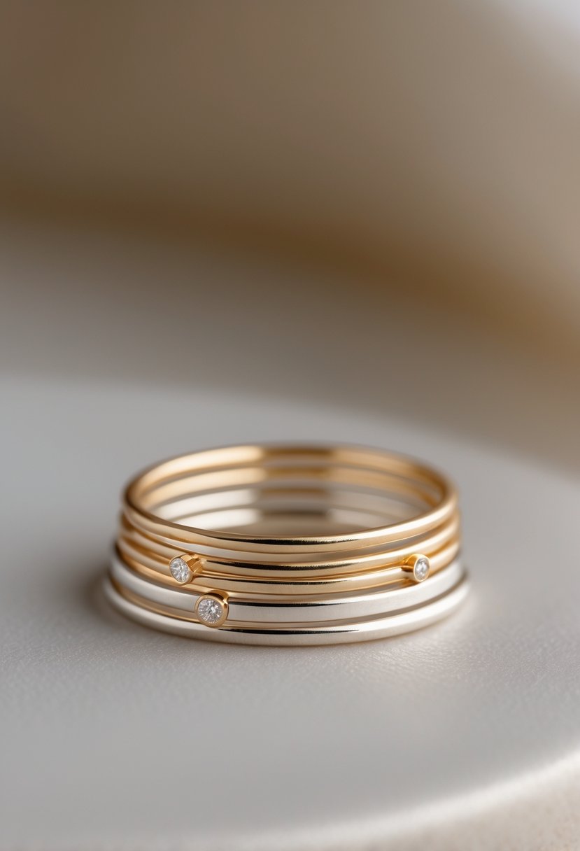 Close-up of a set of delicate stacking rings made of gold and silver arranged together on a smooth surface.
