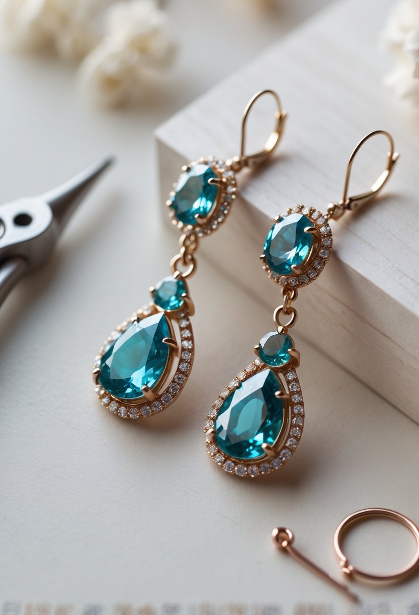 A pair of gemstone dangle earrings made from old wedding rings displayed with jewelry tools on a light wooden surface.