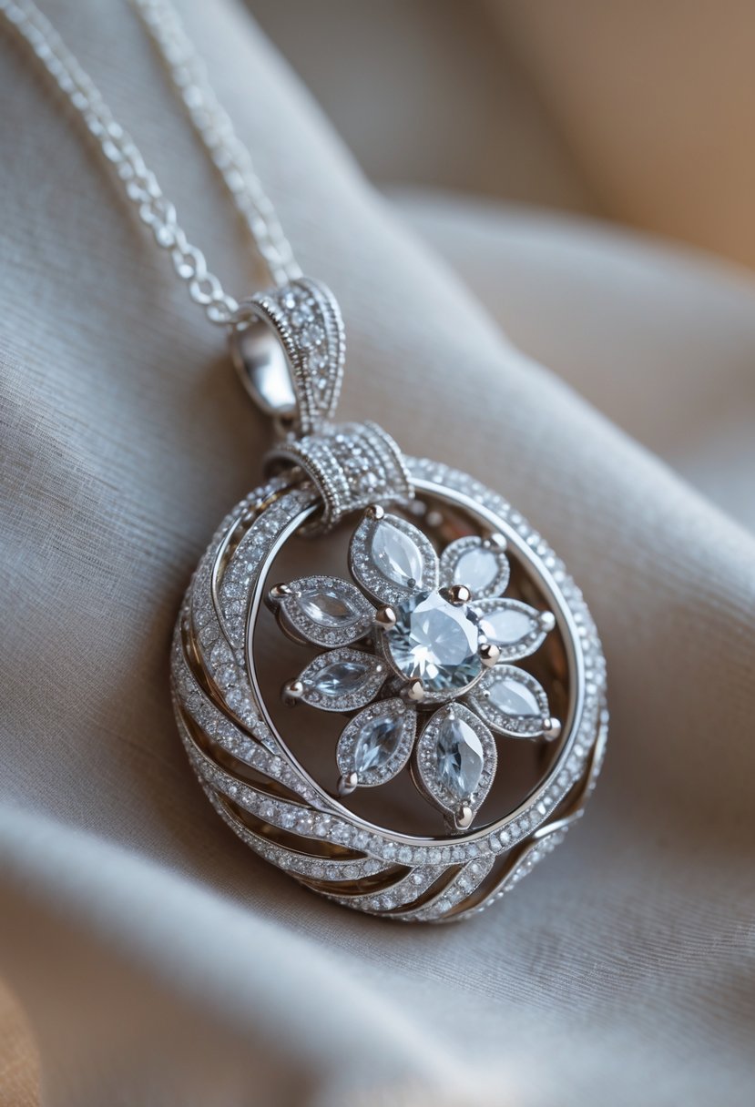 A close-up of a unique pendant necklace made from an old wedding ring displayed on a soft fabric background.
