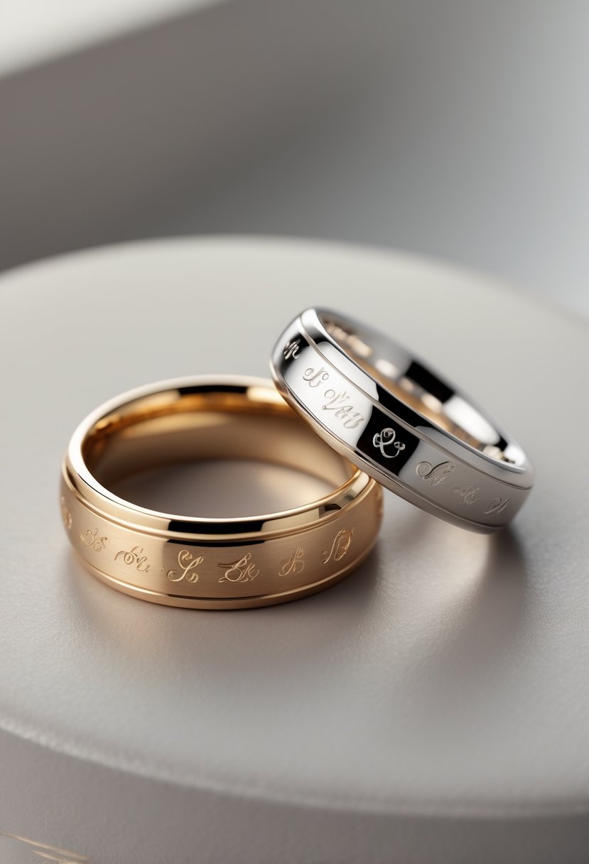 Close-up of two wedding rings with visible custom engravings inside one band on a neutral surface.