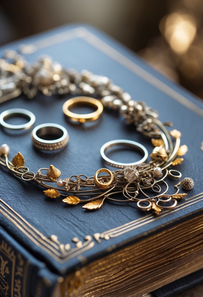 Close-up of a book with decorative metal embellishments made from old wedding rings on its cover and spine.