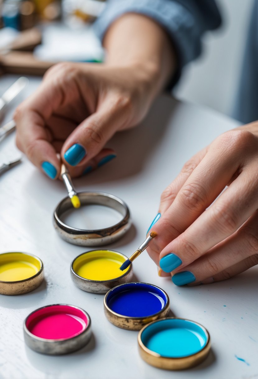 Hands painting colorful enamel on old wedding rings on a clean workspace with paint containers and brushes.