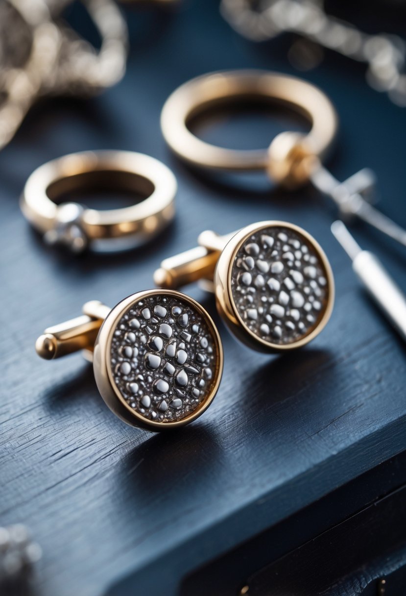 A pair of cufflinks made from old wedding rings placed on a wooden surface with jewelry tools nearby.