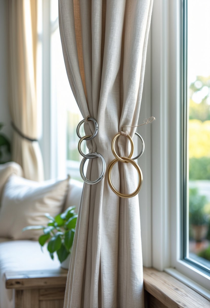Curtains tied back with old wedding rings used as unique curtain tiebacks in a bright, cozy room with natural light.