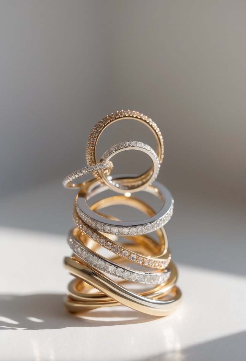 A small sculpture made by creatively assembling old wedding ring bands on a plain background.
