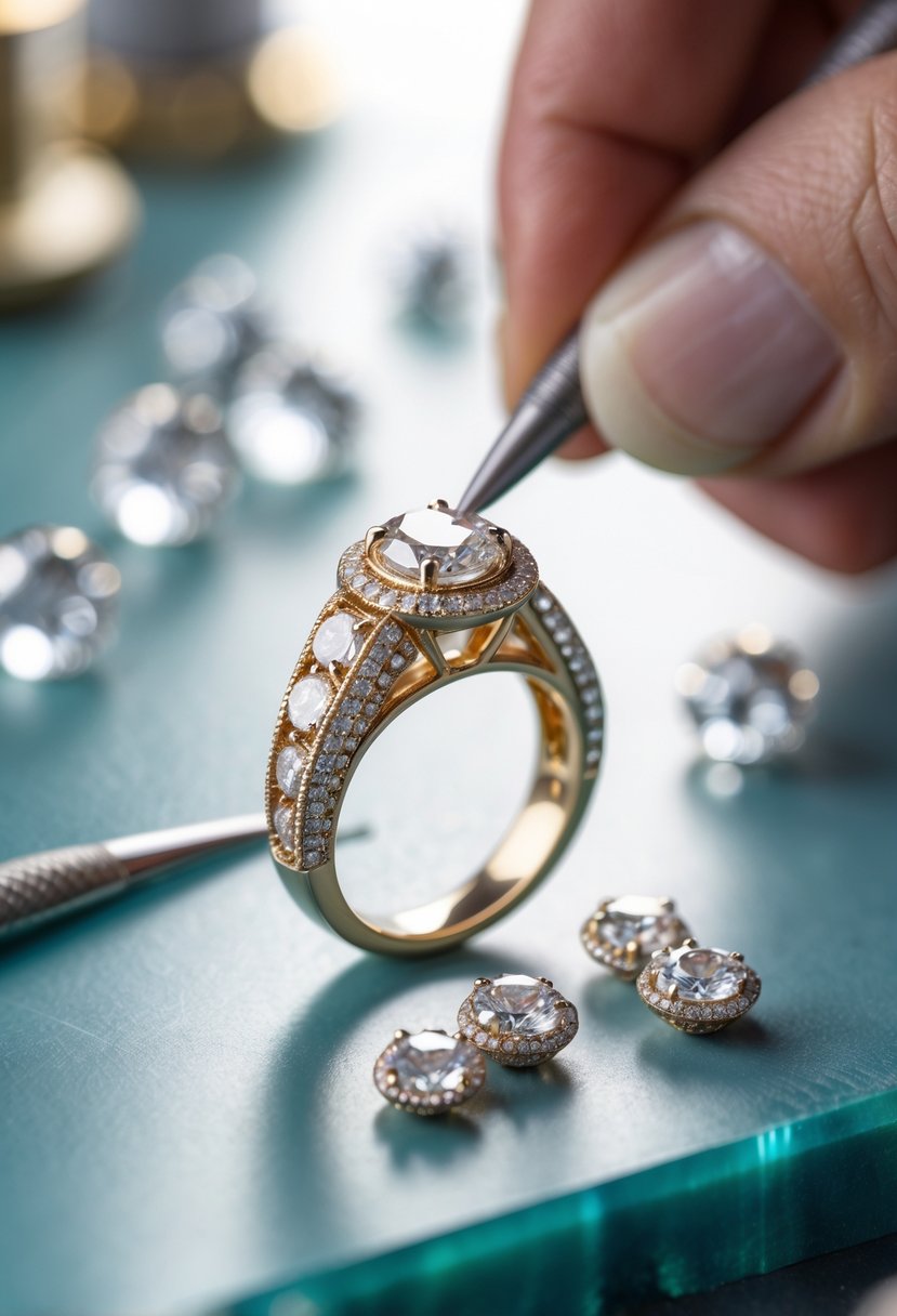 A jeweler replacing diamonds on a wedding ring at a workbench with small diamonds nearby.