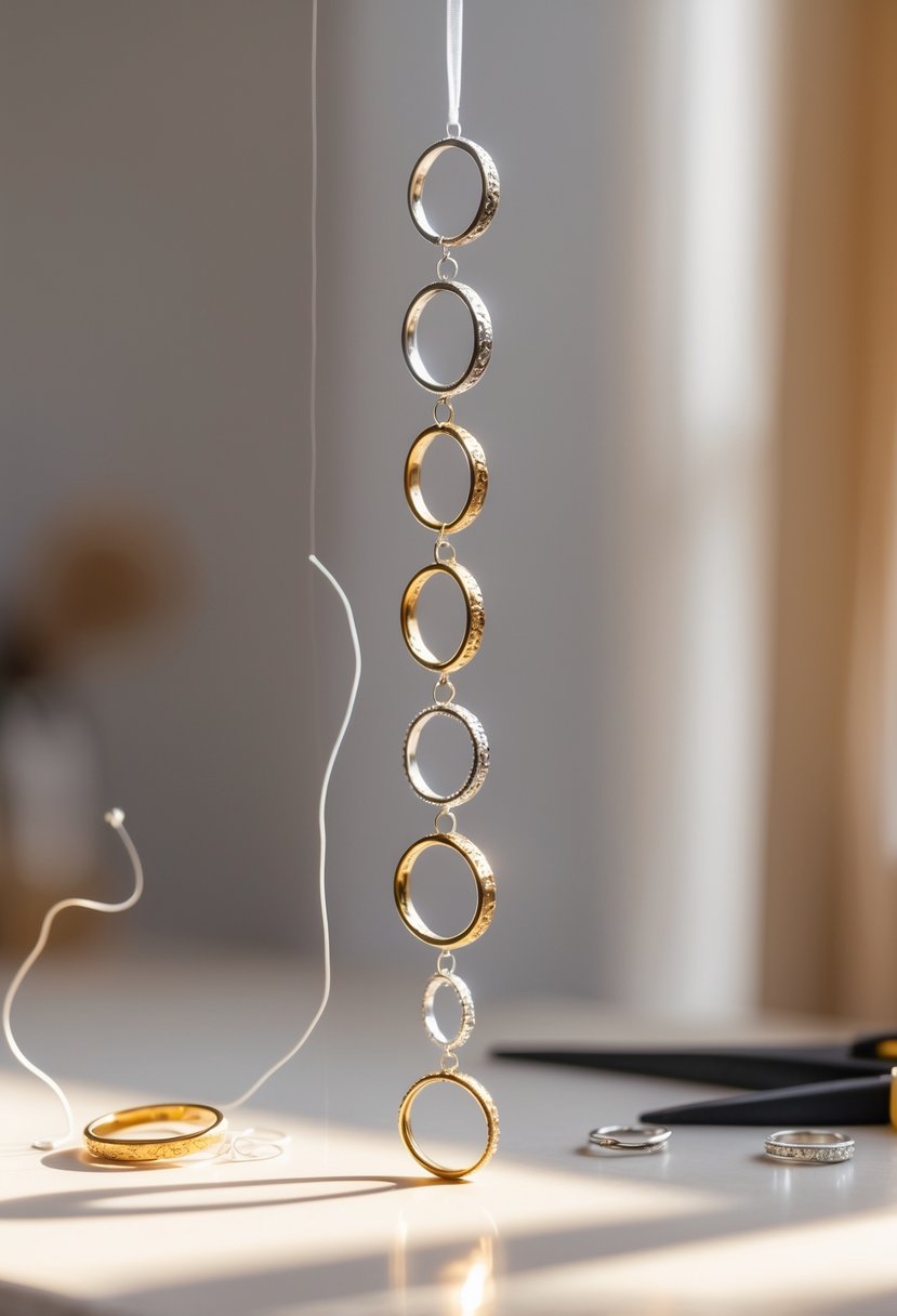 Close-up of a handmade mobile made by linking old wedding rings hanging from thin strings in a bright workspace.