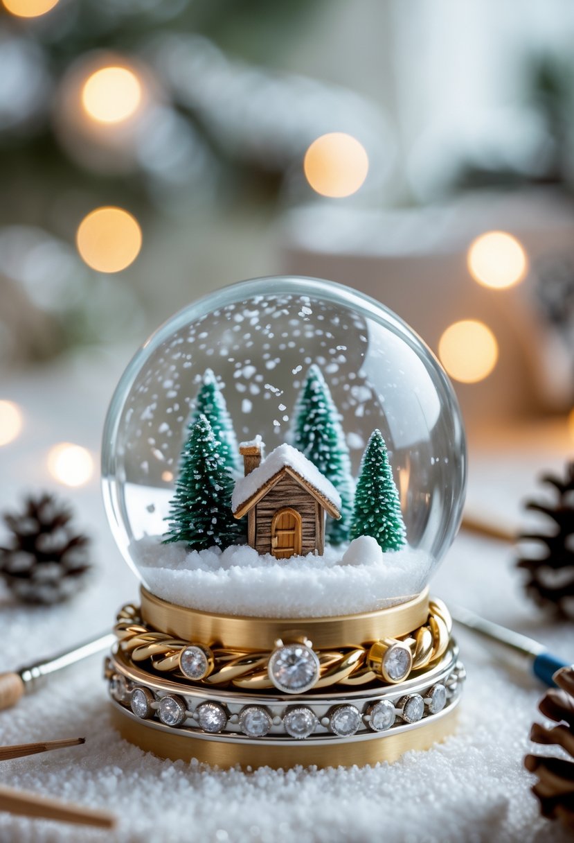 A glass snow globe with a miniature winter scene sits on a base made from intertwined wedding rings, surrounded by crafting tools and decorative elements.
