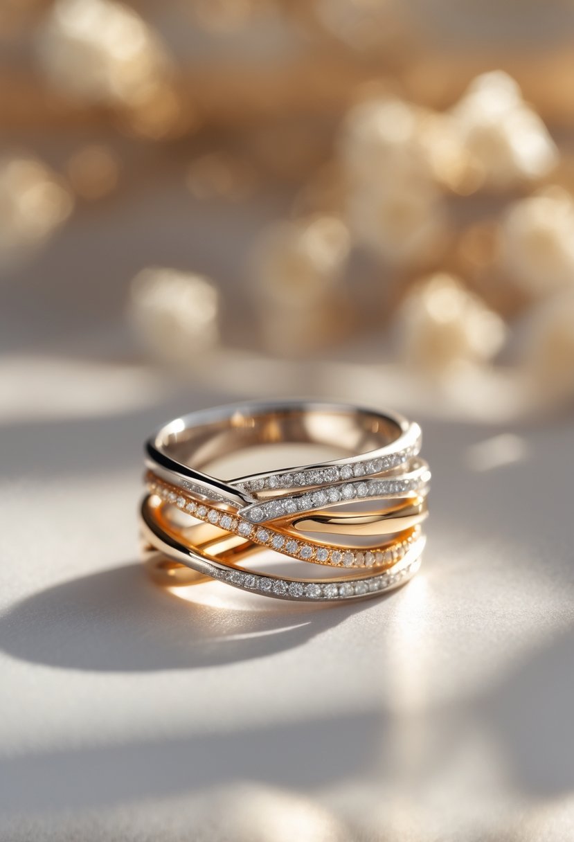 A close-up image of a single ring made by combining two wedding rings, placed on a smooth surface.