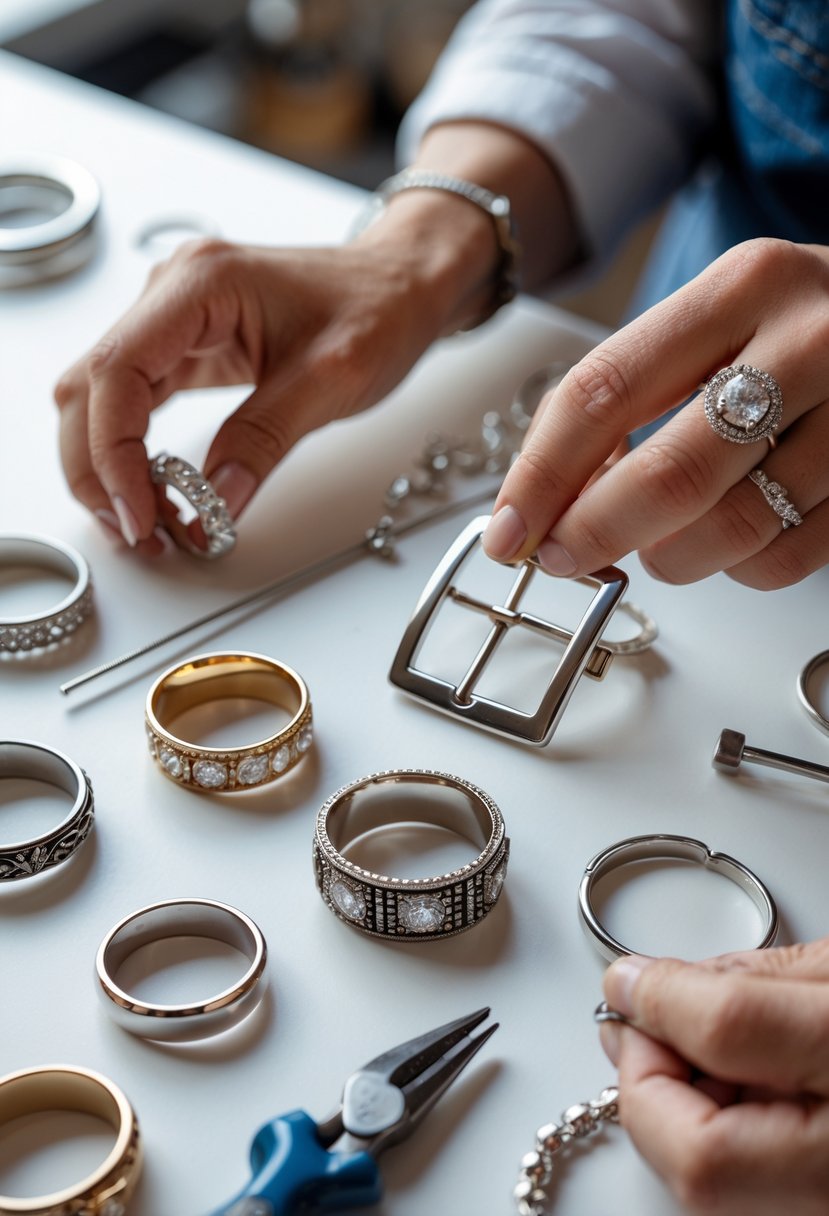 Hands crafting custom belt buckles from old wedding rings on a workbench with jewelry tools.