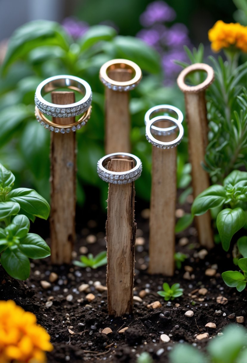 Close-up of garden markers made from old wedding rings placed in soil among herbs and flowers.