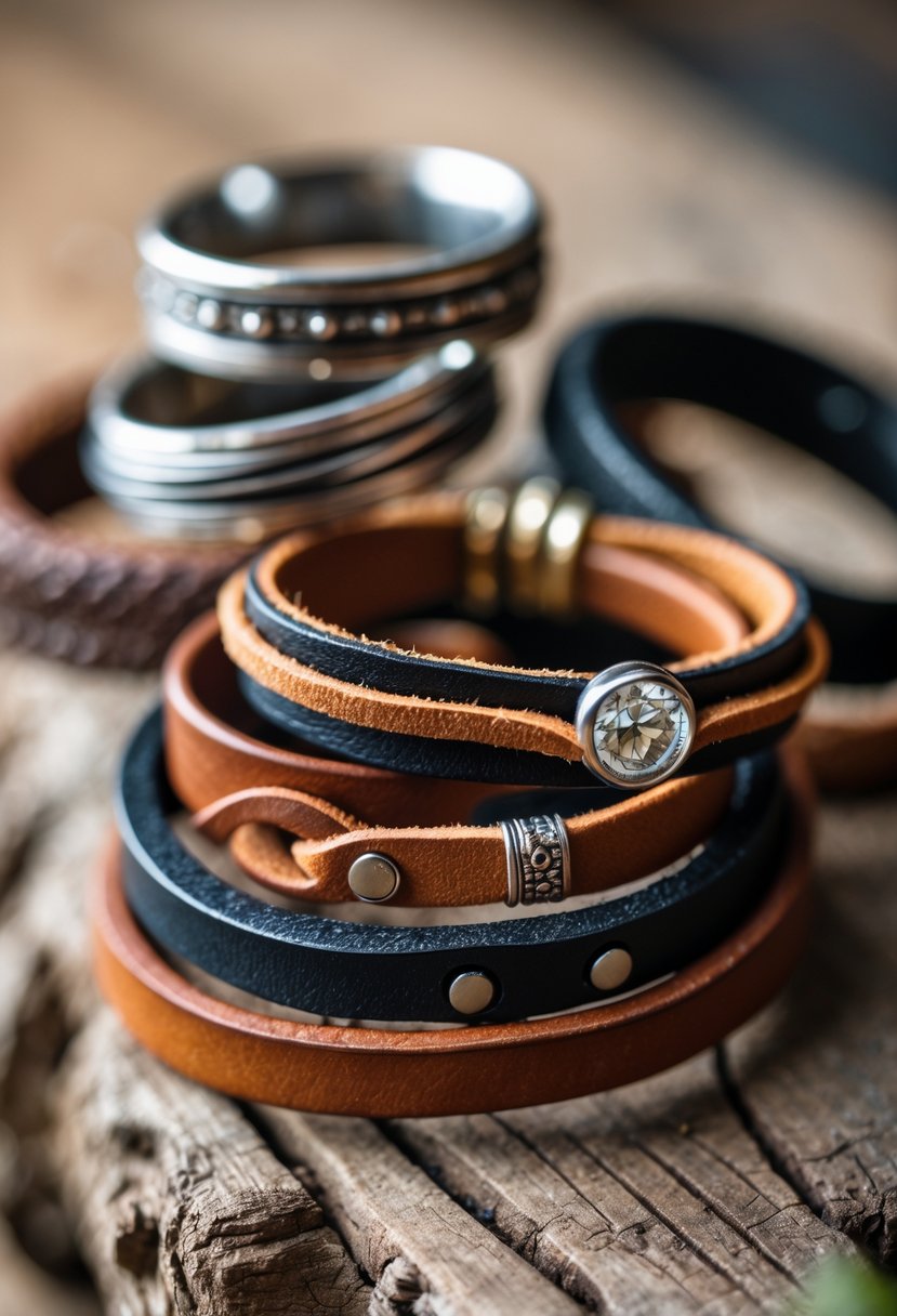 Close-up of old wedding rings wrapped into leather bracelets placed on a wooden surface.