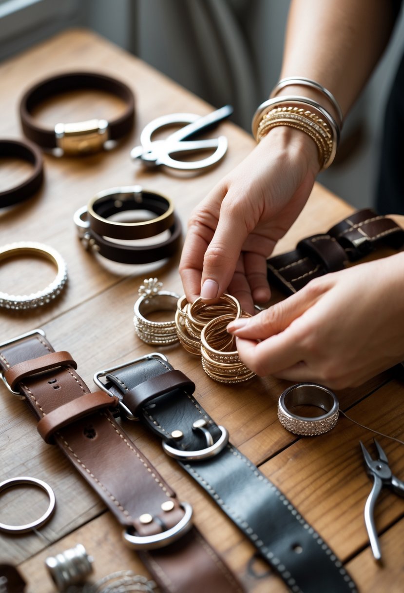 Hands attaching wedding rings to leather bracelets on a wooden table with crafting tools nearby.
