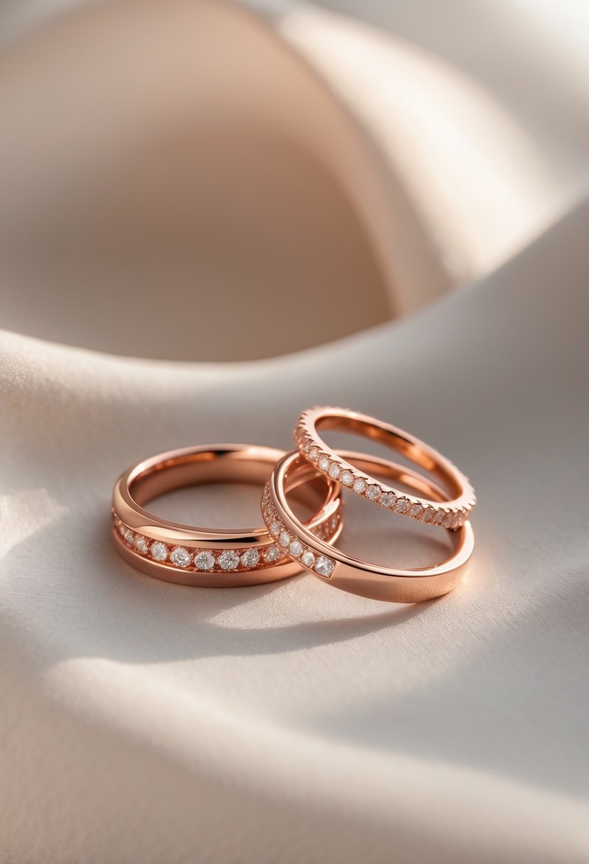 Close-up of redesigned wedding rings with rose gold overlay on a neutral background.