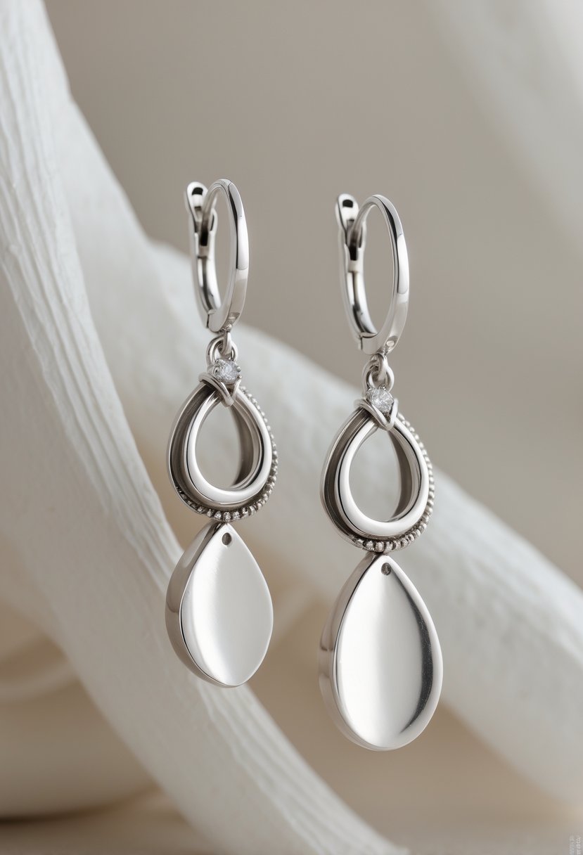 A pair of elegant drop earrings made from redesigned wedding rings displayed against a neutral background.