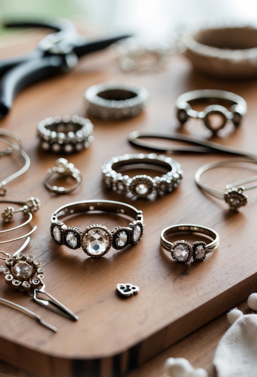 Close-up of handmade headbands and hair clips decorated with old wedding rings displayed on a wooden table with crafting tools nearby.