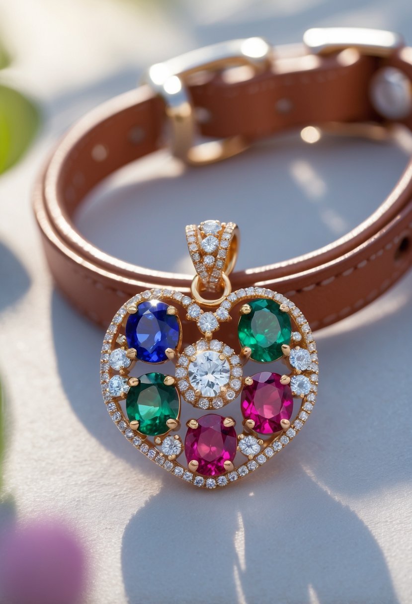 Close-up of a pet collar with a gemstone charm made from old wedding rings.