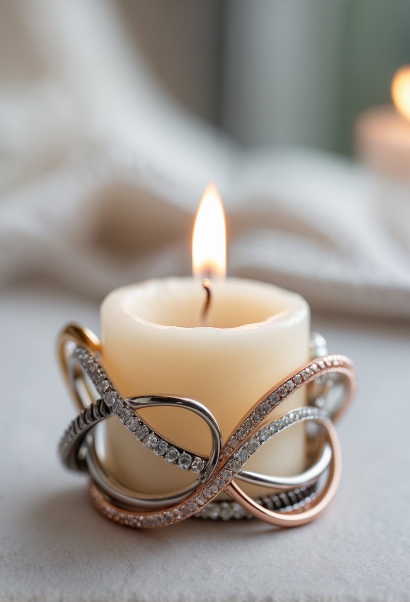 Close-up of a decorative candle holder made from old wedding rings holding a lit candle on a neutral surface.