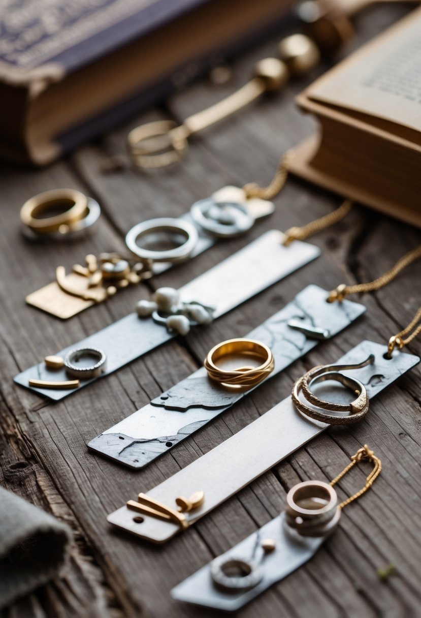 Close-up of handcrafted bookmarks made from old wedding rings with metal details, placed on a wooden surface next to a vintage book and crafting tools.