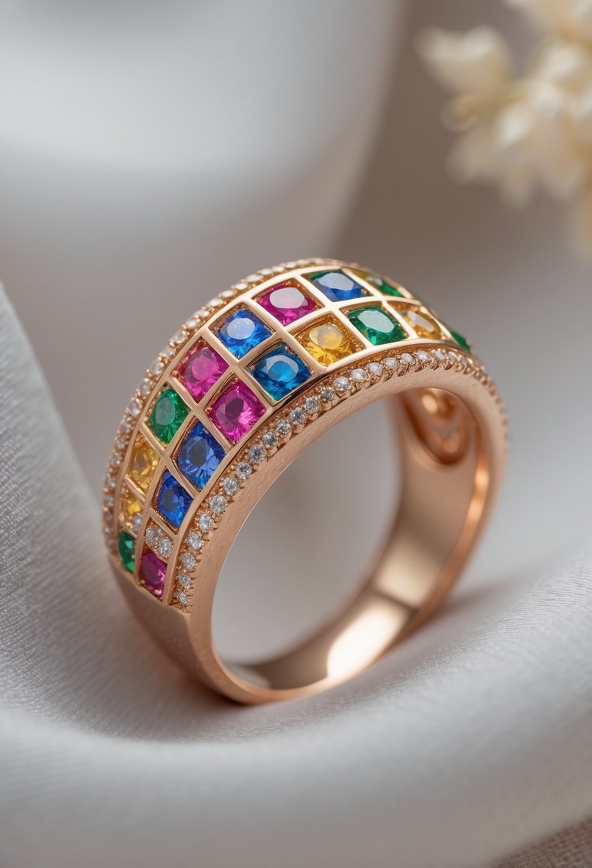 Close-up of a wedding ring with small colorful gemstones inset in the band.