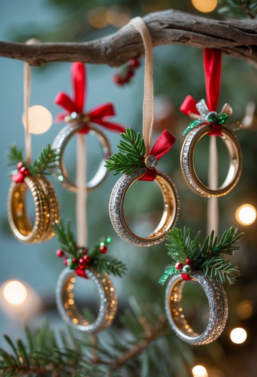 Close-up of old wedding rings decorated and hung as holiday ornaments on a branch with festive ribbons and pine sprigs.